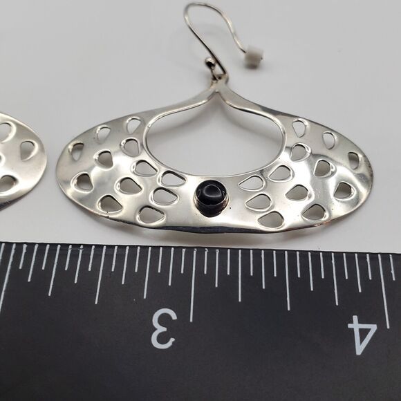 Taxco 925 Sterling Earrings Silver Black Onyx Artisan Drop Chandelier Nouveau - Picture 7 of 12